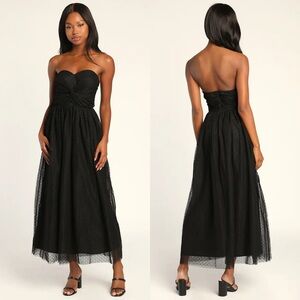 NWT Lulus Sweet Selection Black Swiss Dot Strapless Midi Dress